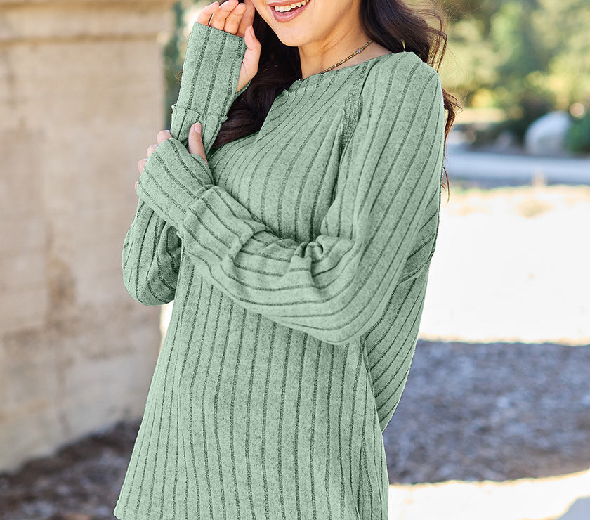 Basic Bae Full Size Ribbed Round Neck Long Sleeve Knit Top