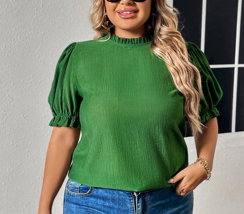 Honey Plus Size Round Neck Flounce Sleeve Blouse