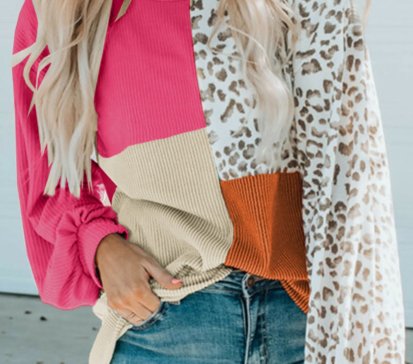 Color Block Leopard Round Neck Sweatshirt