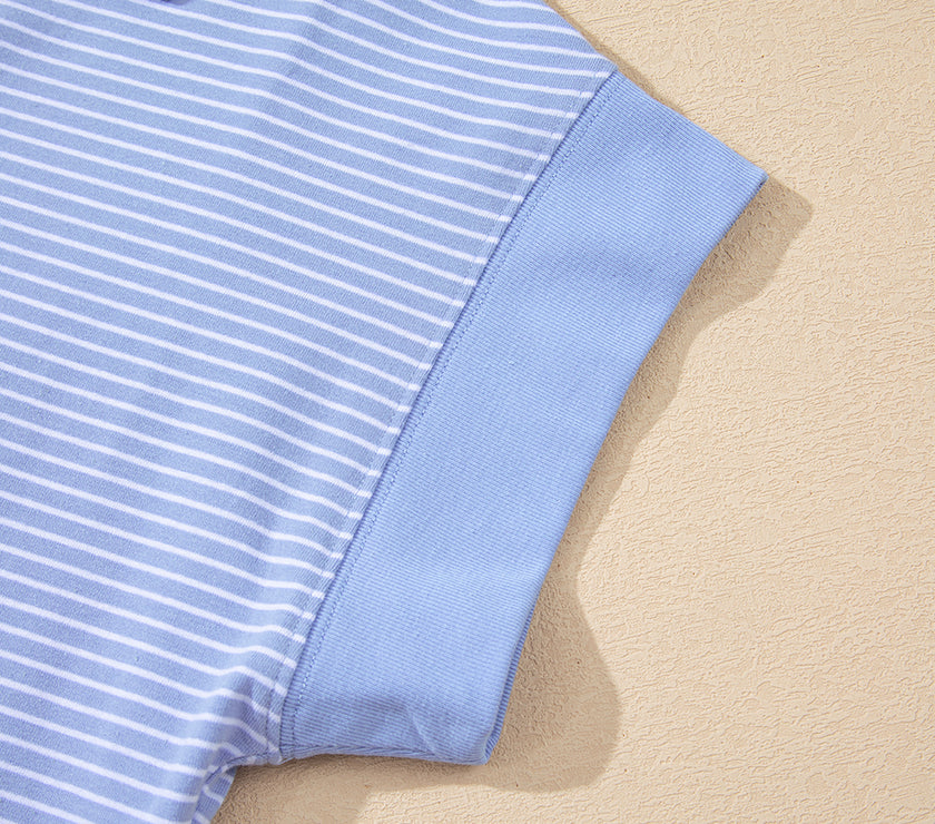 Sky Blue Stripe Dolman Sleeve Polo Shirt and Drawstring Shorts Set