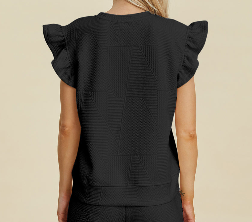 Double Take Full Size Texture Round Neck Ruffle Sleeve Top and Shorts Set