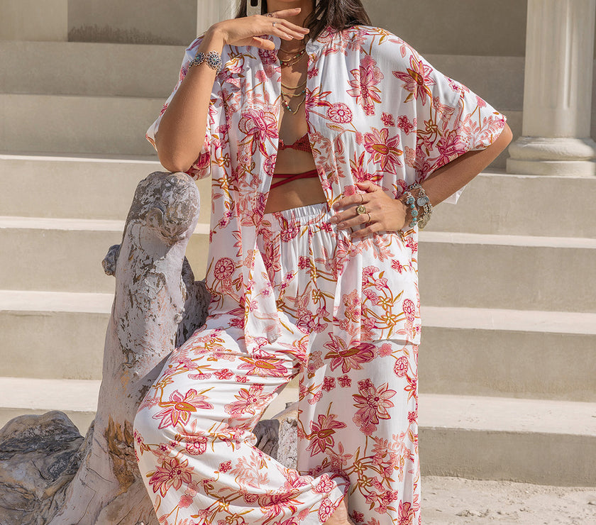 Printed Open Front Half Sleeve Top and Pants Set