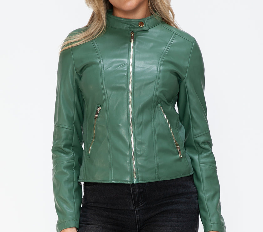 Snobbish Faux Leather Zip Up Drawstring Hooded Jacket