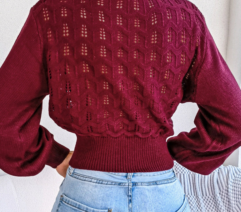 Openwork Mock Neck Long Sleeve Cropped Sweater