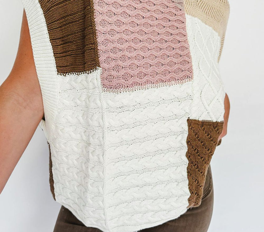 Cable-Knit Color Block Round Neck Sweater Vest