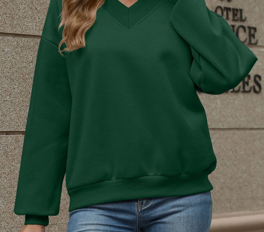 V-Neck Long Sleeve Dropped Shoulder Sweatshirt