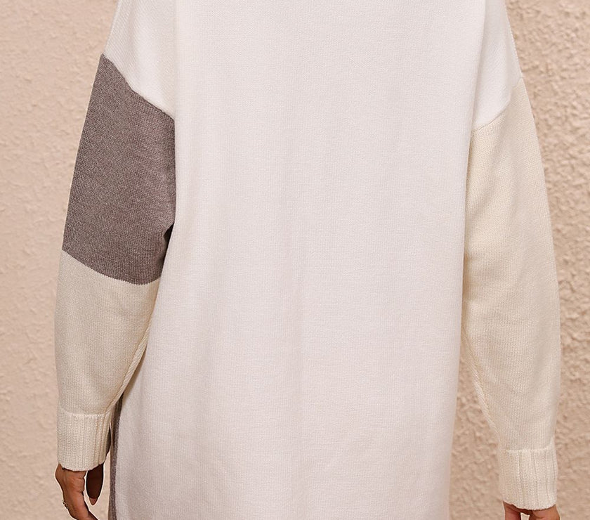 Color Block Mock Neck Dropped Shoulder Sweater Dress
