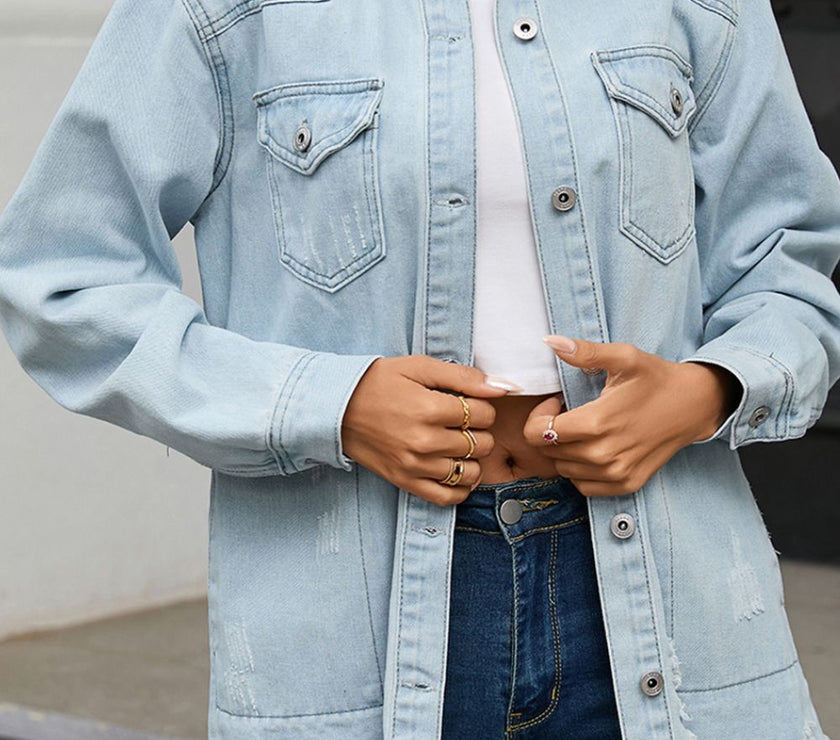 Flap Pocket Raw Hem Denim Jacket