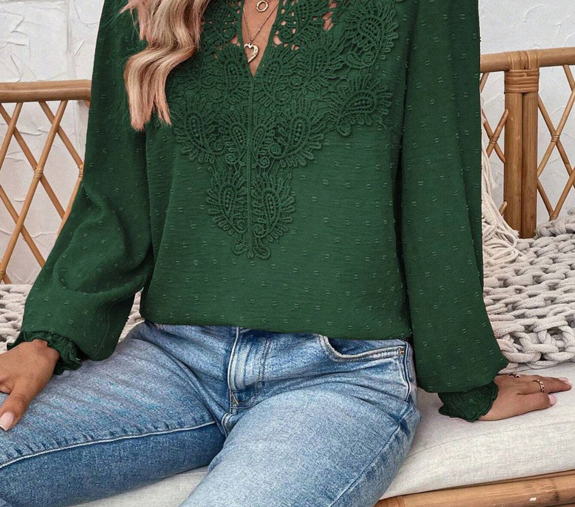 Swiss Dot Lace Detail Notched Long Sleeve Blouse