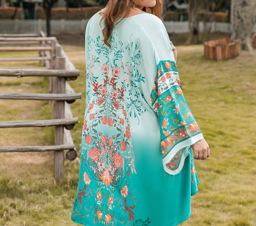 Plus Size Printed Open Front Long Sleeve Cover Up