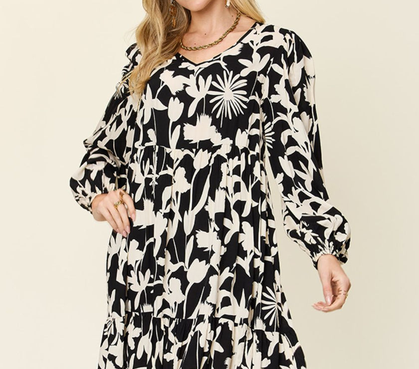 Double Take Full Size Printed Ruffle Hem Dress with Pocket