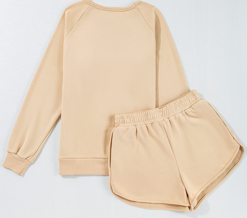 Apricot Striped Accent Pullover and Shorts Two Piece Casual Set