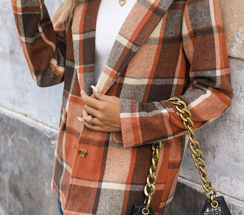 Perfee Plaid Button Down Lapel Collar Blazer