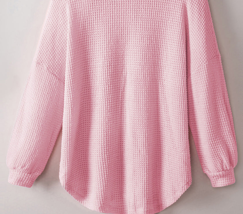 Waffle-Knit Collared Neck Long Sleeve Shirt