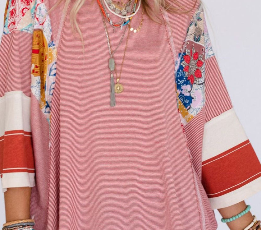 Striped Floral Patchwork Round Neck Top