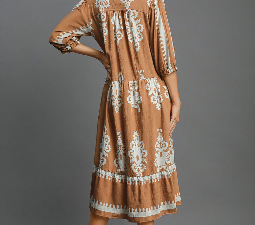 Umgee Full Size Printed Notched Midi Dress