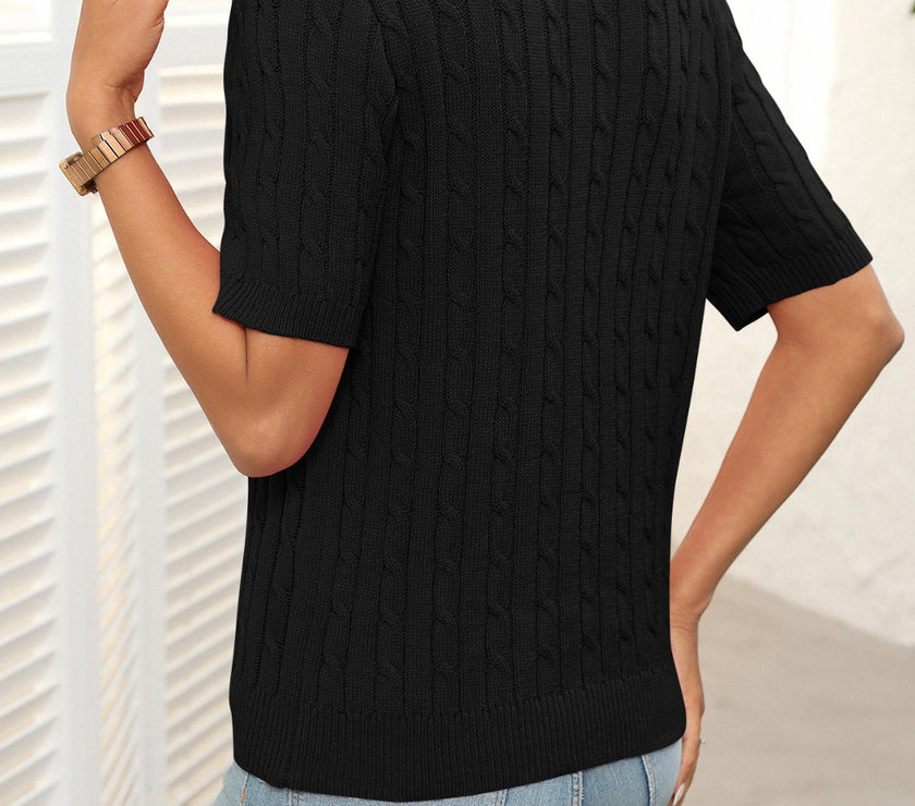 Mandy Cable Knit Johnny Collar Half Sleeve Sweater