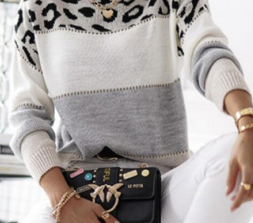 Leopard Color Block Round Neck Long Sleeve Sweater
