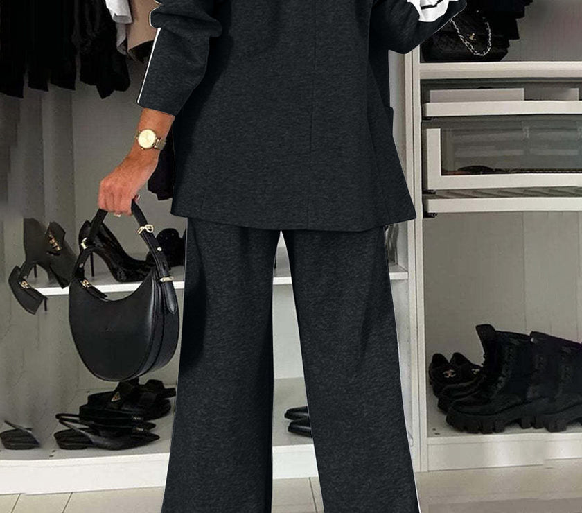 Full Size Contrast Lapel Collar Top and Pants Set