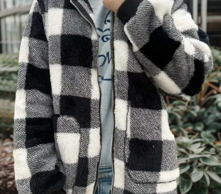 Double Take Full Size Plaid Long Sleeve Hooded Coat