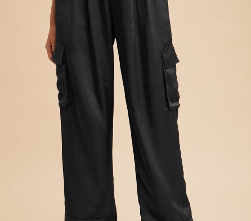 Annie Wear Wide Leg Cargo Satin Pants