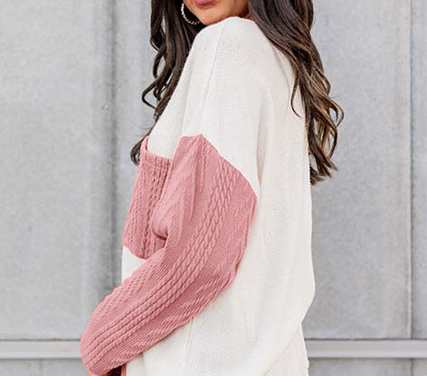 Full Size Color Block Cable-Knit Tops