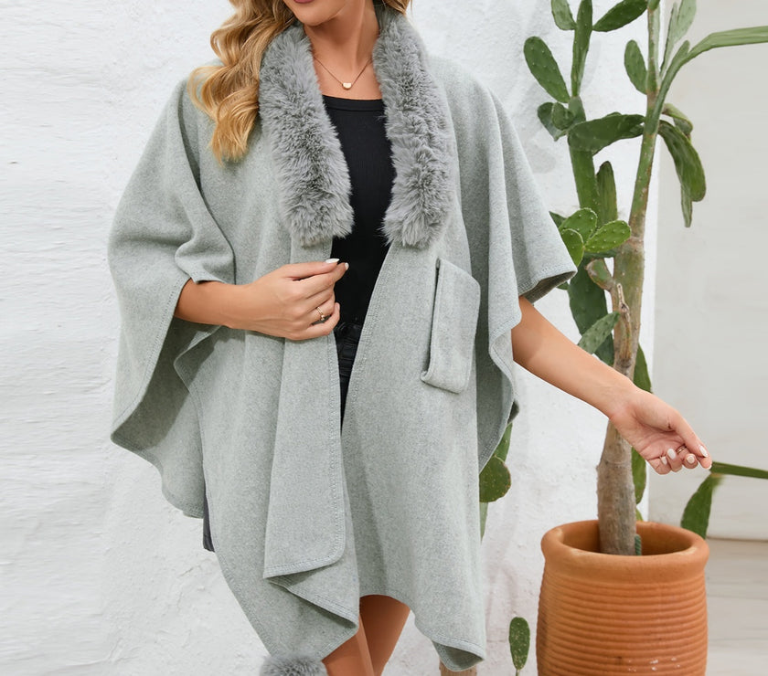 Fuzzy Trim Open Front Poncho