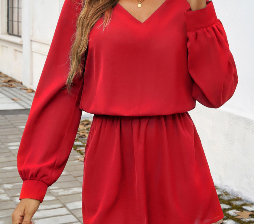 Devine Cutout V-Neck Long Sleeve Mini Dress
