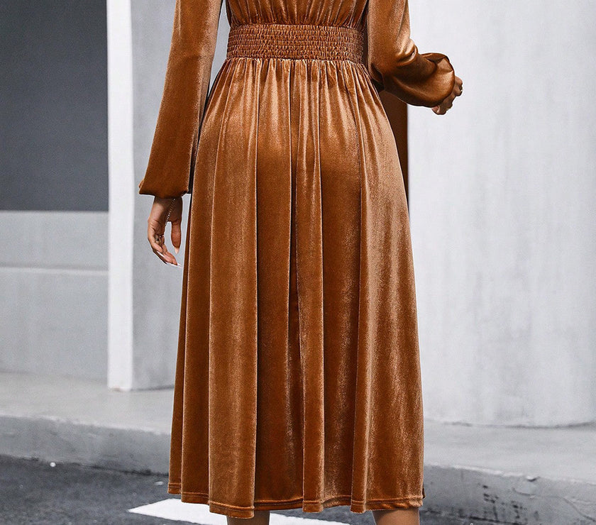 Surplice Balloon Sleeve Smocked Midi Dress