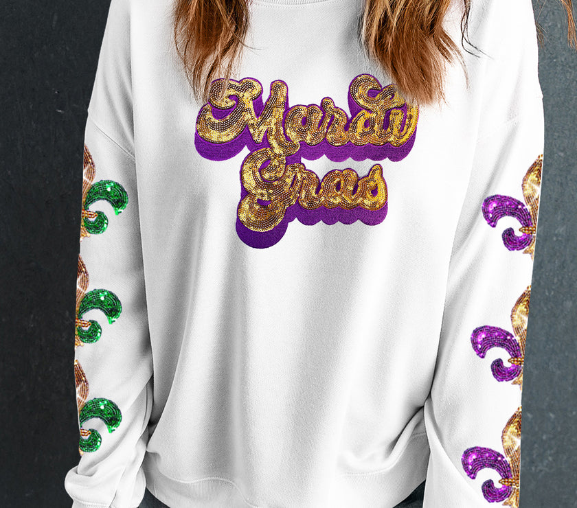 Beige Sequin Mardi Gras Patched Pattern Fleur de Lis Sleeve Sweatshirt
