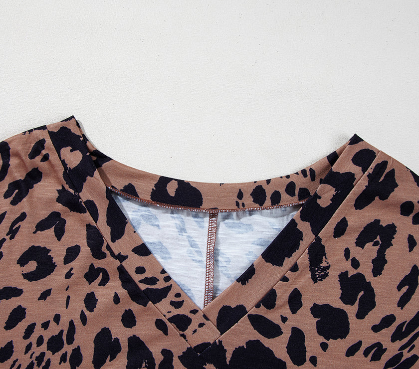 Brown Leopard Print V Neck Half Sleeve Oversized Tee