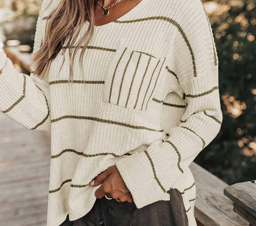 Striped V-Neck Drop Shoulder Sweater