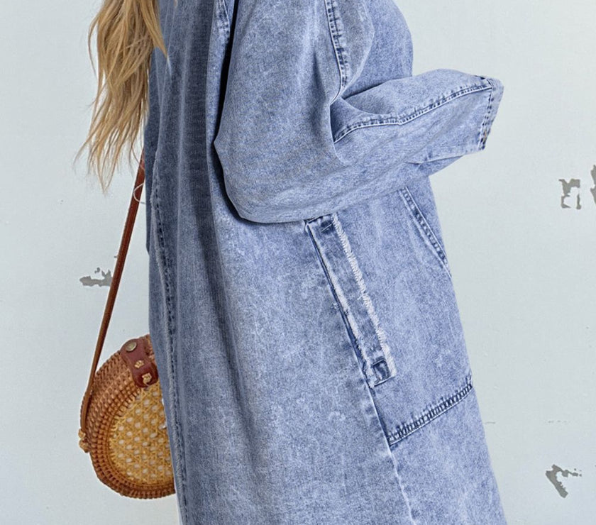 Raw Hem Button Down Long Sleeve Denim Dress