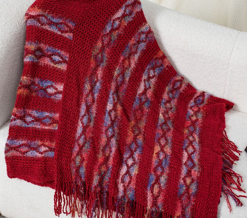 Fringe Contrast Hooded Poncho