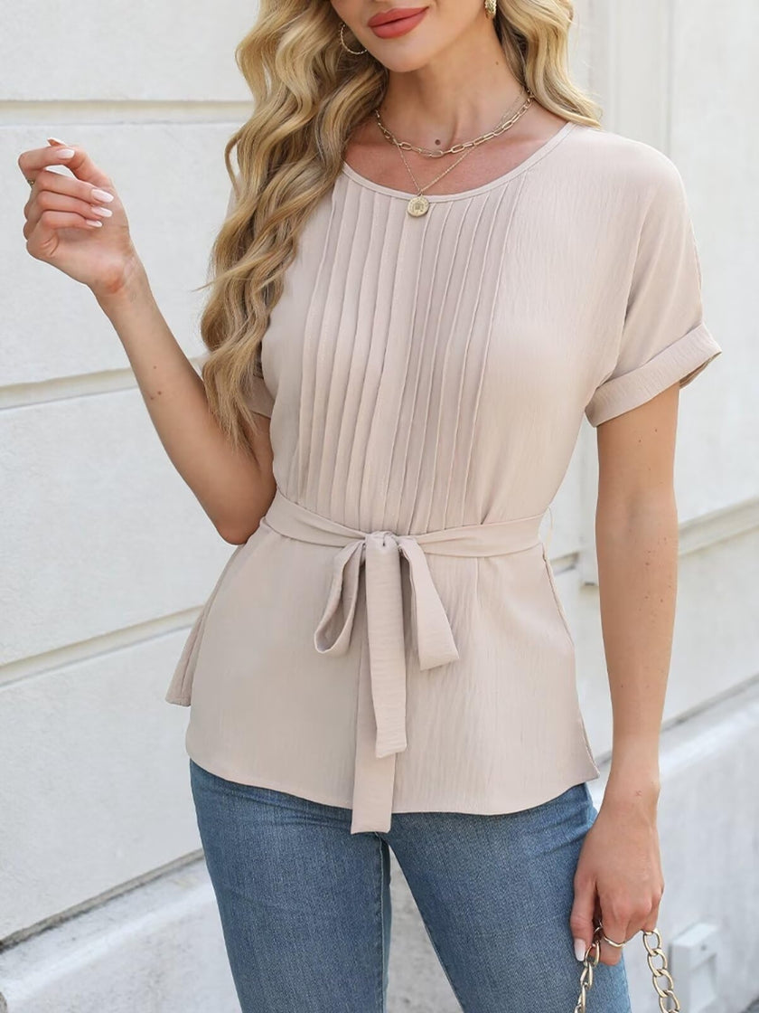 Tie Waist Round Neck Short Sleeve Blouse
