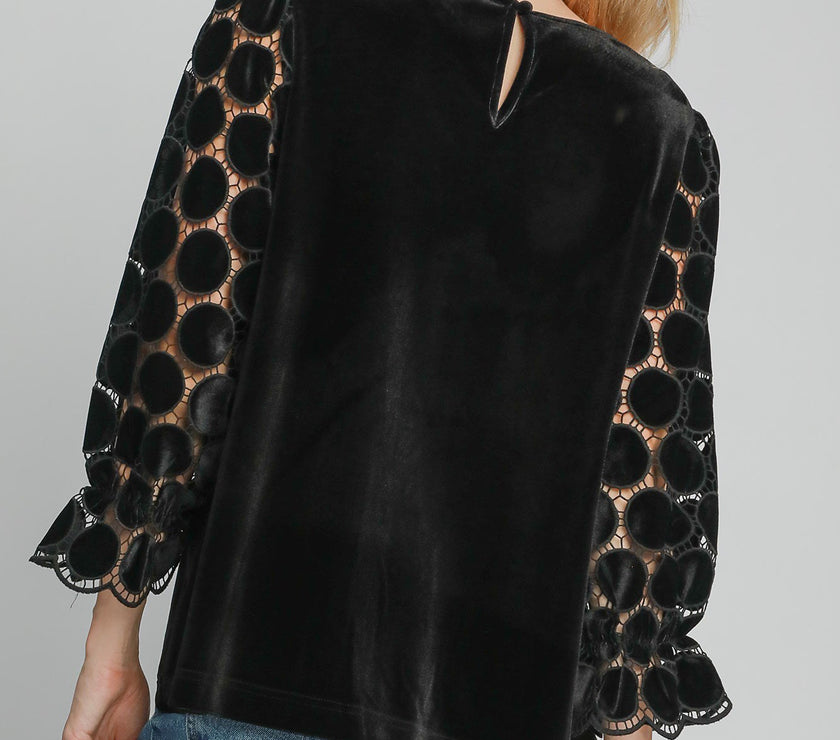 Umgee Polka Dot Lace Long Sleeve Round Neck Blouse