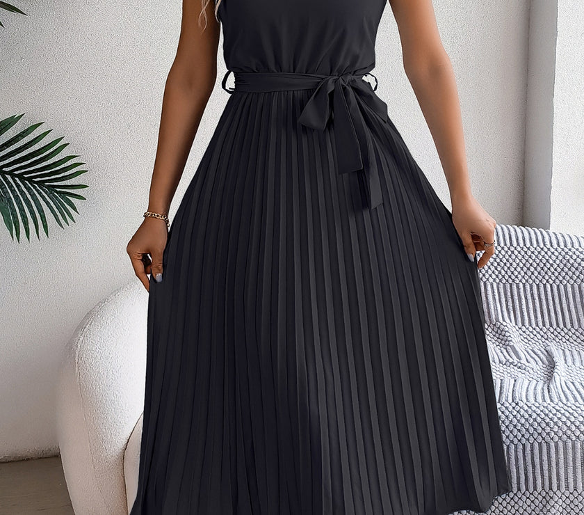 Pleated Tie Waist Sleeveless Midi Dress