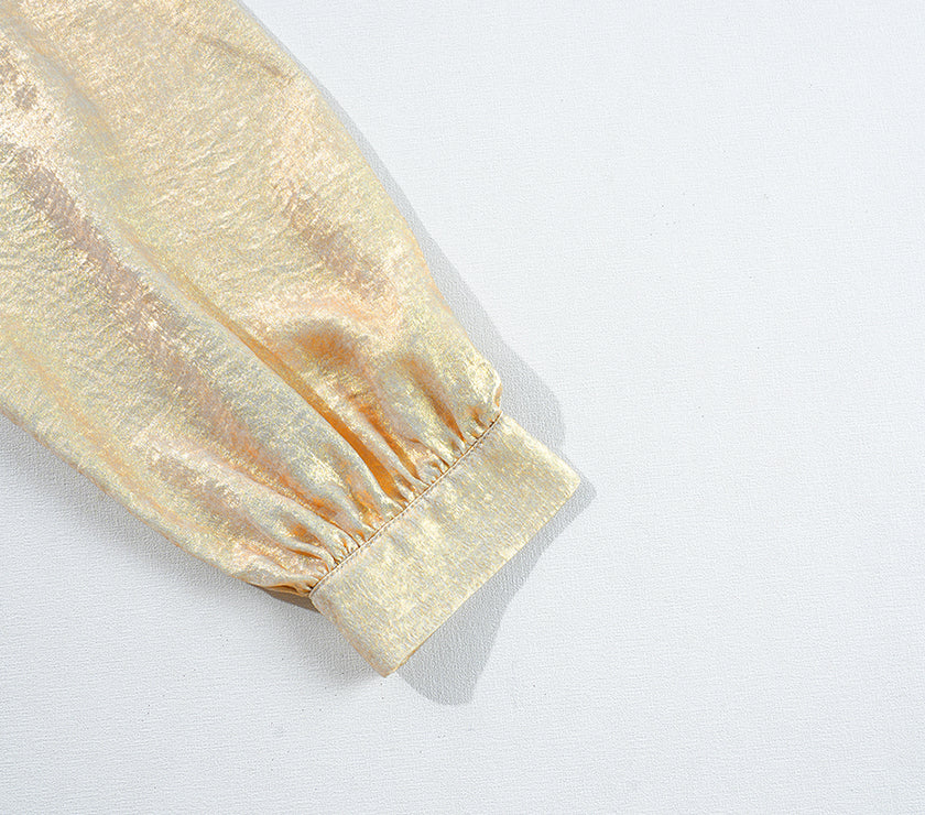 Gold Metallic Frilled V Neck Puff Sleeve Babydoll Blouse