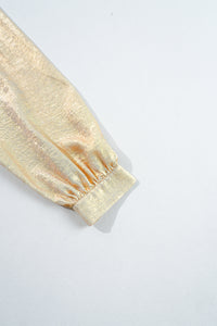 Gold Metallic Frilled V Neck Puff Sleeve Babydoll Blouse