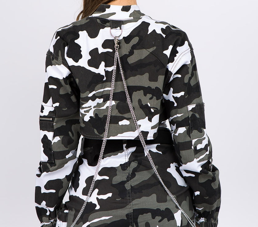 American Bazi Camouflage Cropped Jacket with Chains