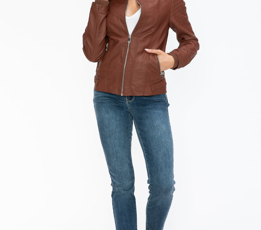 Snobbish PU Leather Biker Jacket with Side Zip Pockets