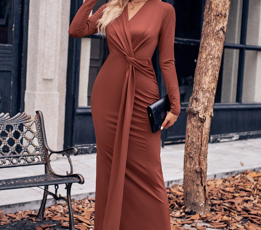 Slit Twisted Surplice Long Sleeve Dress