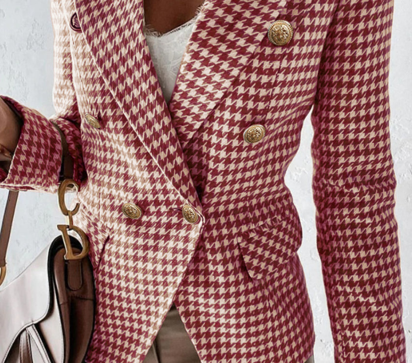 Houndstooth Collared Neck Double-Breasted Blazer