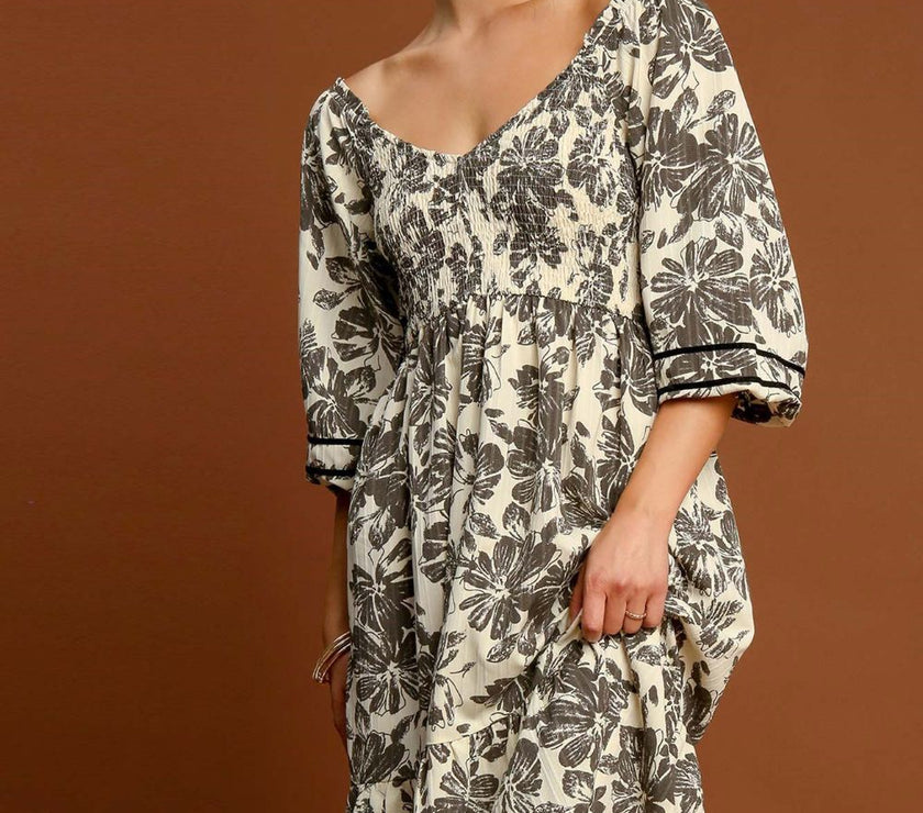 Umgee Ruffle Hem Flower Printed V-Neck Dress