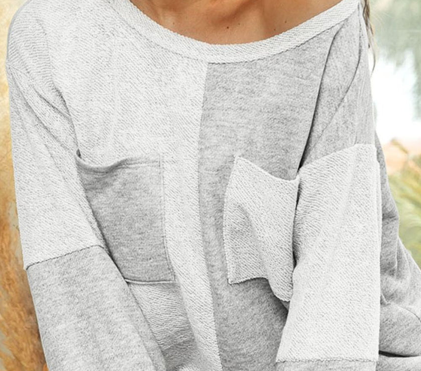 Color Block Double Chest Pocket Boat Neck Top