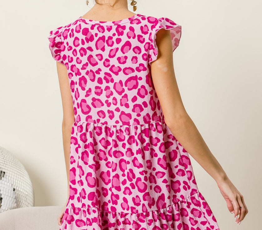 BiBi Leopard Cap Sleeve Tiered Mini Dress
