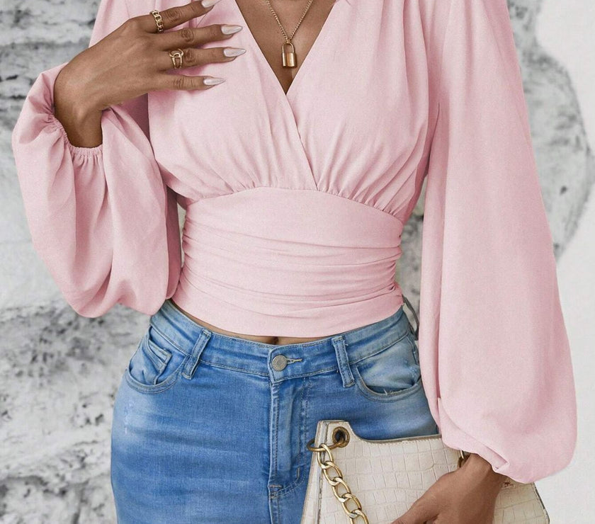 Smocked Surplice Balloon Sleeve Top