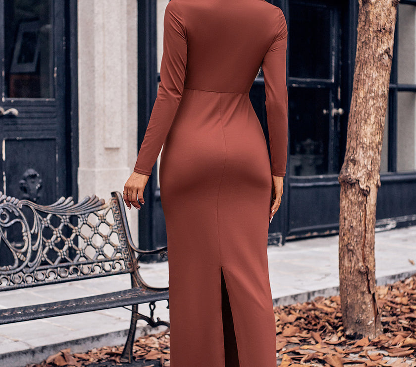 Slit Twisted Surplice Long Sleeve Dress