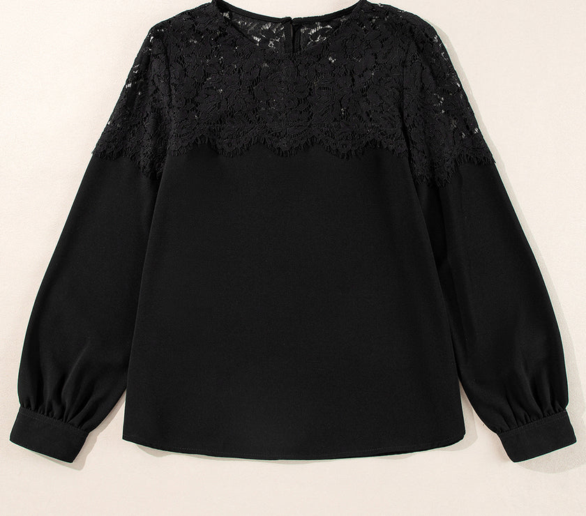 Lace Detail Round Neck Long Sleeve Blouse