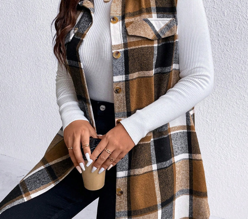 Honey Plus Size Pocketed Plaid Button Up Vest Coat